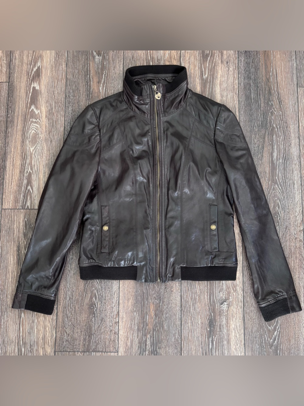 Guess 100% Leather Jacket Brown Bomber Moto Jacket Size Medium Women’s